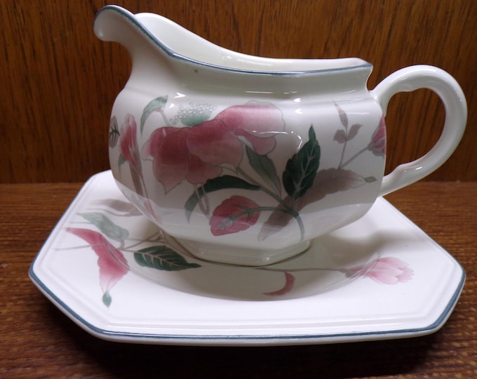 2506 Mikasa F3003 Continental Silk Flowers Gravy Boat & Underplate Beautiful Pink Teal Floral Microwave Dishwasher Safe- Great Condition