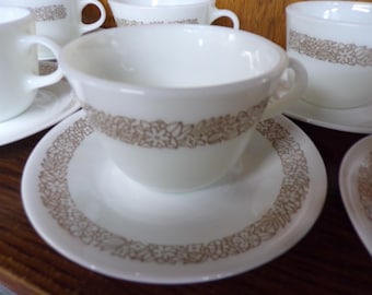 2506 Pyrex Woodland Brown Floral Vintage 12 pc Set -(6) 8 oz White Milk Glass Coffee Cups / Mugs& (6) Saucers - Great Condition
