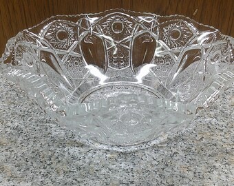 2409 Hobstar Pattern Clear Pressed Glass 8.5" Vintage Bowl w/ Sawtooth Rim