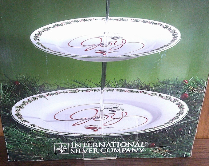 2411 International Silver Co. 2 Tier Joy Christmas Holiday Santa Snowman Serving Tray w/Center Handle 7.5" & 10.5" Trays - New in Orig. Box