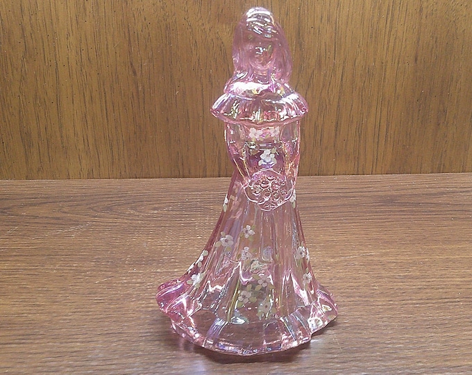 2501 Fenton Glass 7.25" Hand-Painted Flowers on Pink/ Peach Bridesmaid- Fenton Sticker & Stamp Signed J. Cunningham- Great Condition