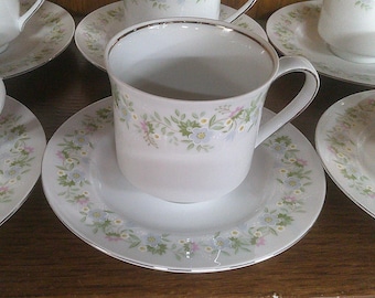 2412 Johann Haviland Forever Spring 12 pc Set (6) Cups & (6) Saucers Vintage Pink and Blue Floral Bavaria Germany - Excellent Condition
