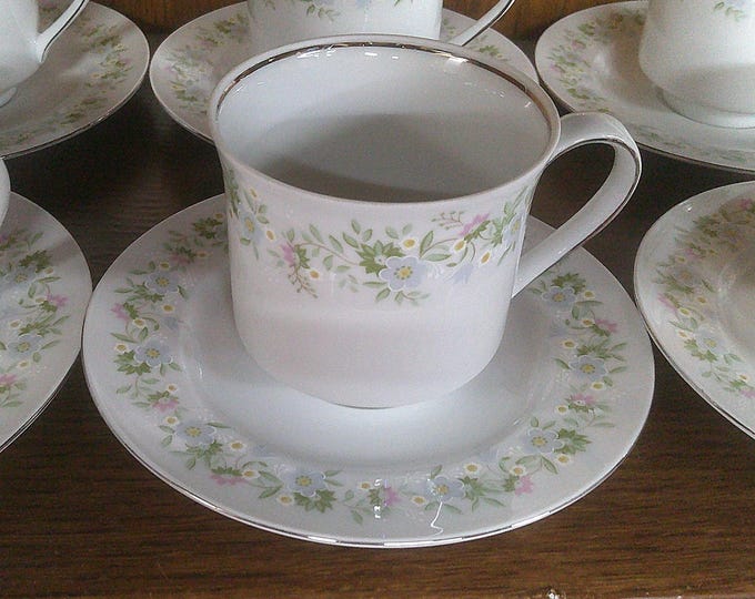 2412 Johann Haviland Forever Spring 12 pc Set (6) Cups & (6) Saucers Vintage Pink and Blue Floral Bavaria Germany - Excellent Condition