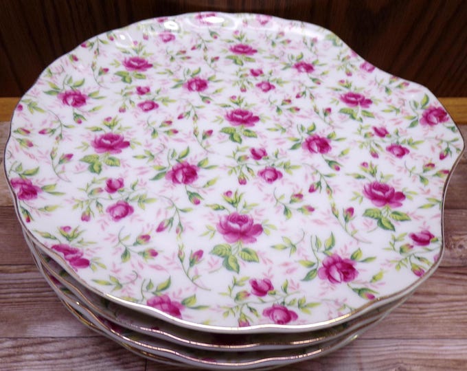 2508 Lefton China NE637R Clam Shell Vintage 8" Snack Tray w/ Hand Painted Pink Roses & Gold Trim Set of 6 - Great Condition