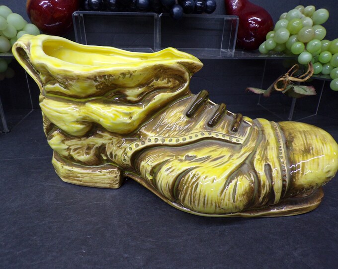 2311 Very Cute Antiqued Yellow Boot Planter/ Vase/ Candy Dish Unique Vintage Ceramic 11" x 6" x 4.5" Tall - Japan- Great Condition