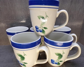 2602 LL Bean Blueberry Stoneware 4.5" 14 oz Mugs Set of 6 - Good Condition