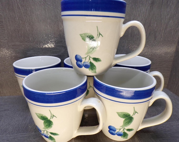 2602 LL Bean Blueberry Stoneware 4.5" 14 oz Mugs Set of 6 - Good Condition