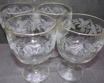 2606 Bartlett Collins Decoration 806 Vintage 1960's White Textured White Leaf & Vine 6" Gold Rim Footed Glasses Goblets Set of 4