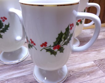 2511 Kashima Christmas Holly Fine Porcelain 5" 9 oz Vintage Footed Irish Coffee Mugs Set of 6 - Great Condition