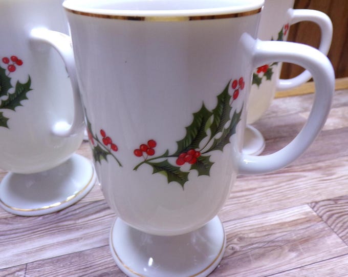 2511 Kashima Christmas Holly Fine Porcelain 5" 9 oz Vintage Footed Irish Coffee Mugs Set of 6 - Great Condition