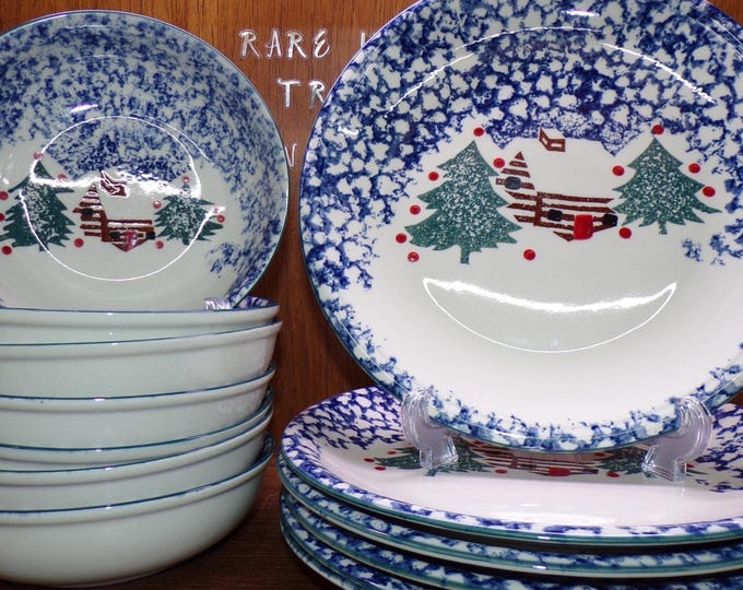 2506 Folk Craft Blue Sponge Cabin in the Snow Vintage Stoneware by Tienshan - Great Condition - Choose From List: