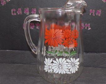 2301 Anchor Hocking Clear Paneled 80 oz 8.5" Vintage Glass Pitcher with Green, Orange and White Floral Daisies- Good Condition