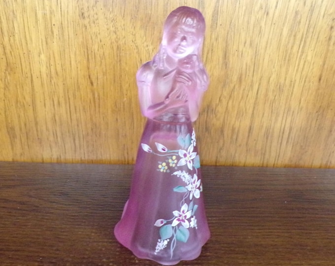 2501 Fenton Glass Satin Cranberry Doll Little Sister Figurine 95th Anniversary Sticker Hand Painted Flowers by E. Baumgard - Great Condition