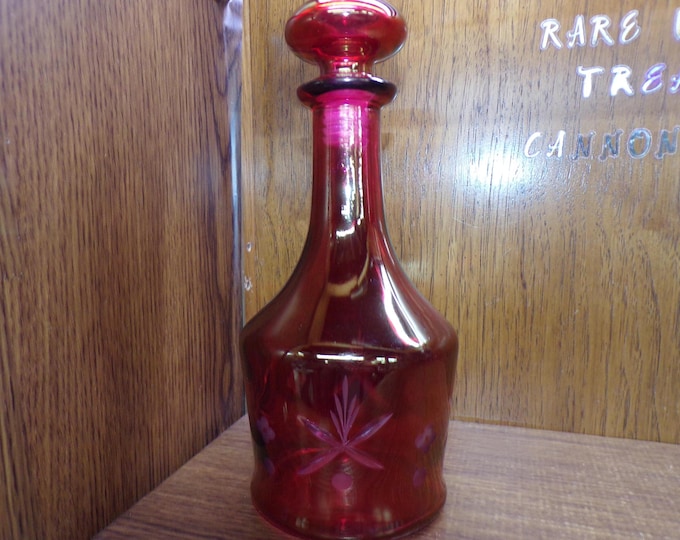 2506 Vintage 9" Decanter Red Cranberry Cut to Clear Glass 11" with Stopper - Good Condition Light Wear