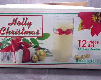 2606 Luminarc Holly Christmas Vintage 16 oz Glass Cooler Tumbler Set of 12