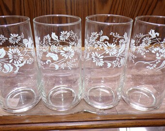 2510 Libbey Glass Colonial Mist White Daisies 16 oz 6" Tumblers Set of 4 - Great Condition