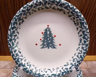 2508 Folk Craft Winter Wonderland Stoneware Green Sponge 7.5" Salad / Snack Plates Set of 4 by Tienshan - Christmas Tree - Great Condition