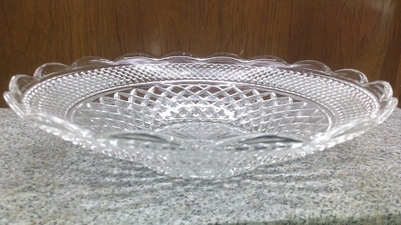 2408 Anchor Hocking Wexford Crystal Vintage 13.75" Shallow Bowl Platter Scalloped Rim 3" Tall- Great Condition Very Beautiful