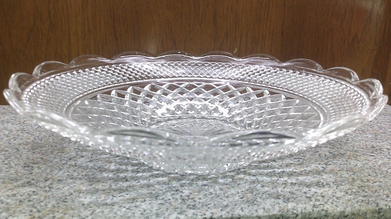 2408 Anchor Hocking Wexford Crystal Vintage 13.75" Shallow Bowl Platter Scalloped Rim 3" Tall- Great Condition Very Beautiful image 1