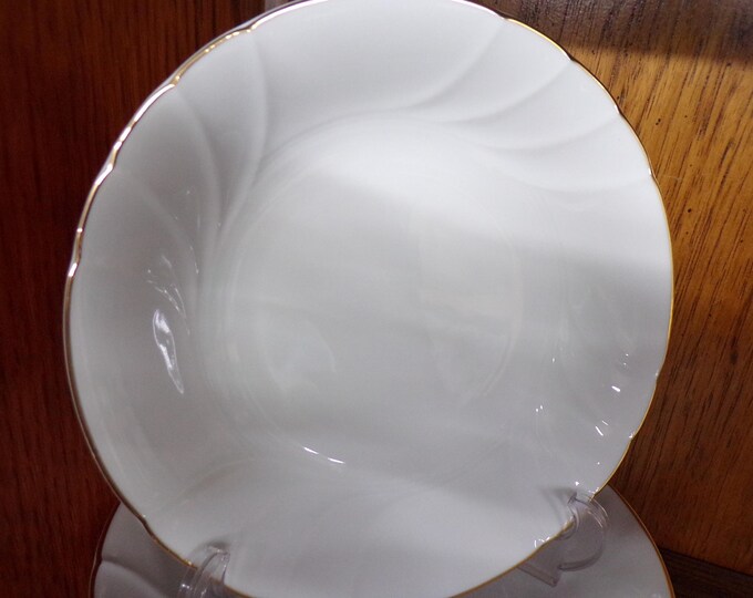 2401 Mikasa Wedding Band L9709 Fine China 8" Flat Bowls Set of 4 White Swirl with Gold Rim - Great Condition