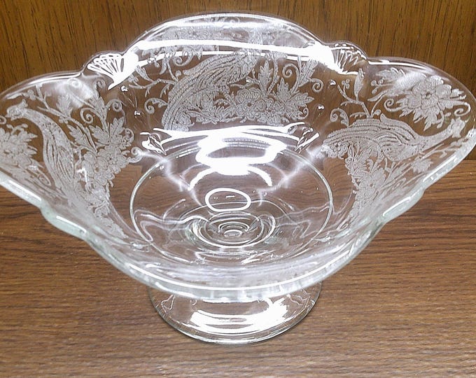2501 Paden City Depression Glass Etched Peacock Wild Rose 10.5" Footed Compote - Good Condition No Chips or Cracks