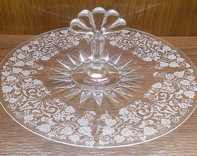2412 Viking Glass Prelude Vintage Center Handled Serving Tray 11" Round Elegant Glass Etched Floral - Great Condition