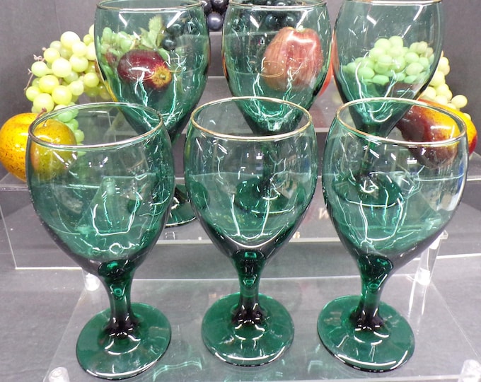 2304 Libbey Glass 7" Juniper Green Teardrop Set of 6 Stemmed Footed Glasses with Gold Rim - Good Condition No Chips or Cracks