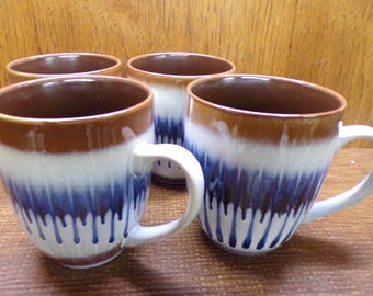 2507 Better Home & Gardens 16 oz Brown Blue Drip Coffee Cup Mug Set of 4 - Great Condition