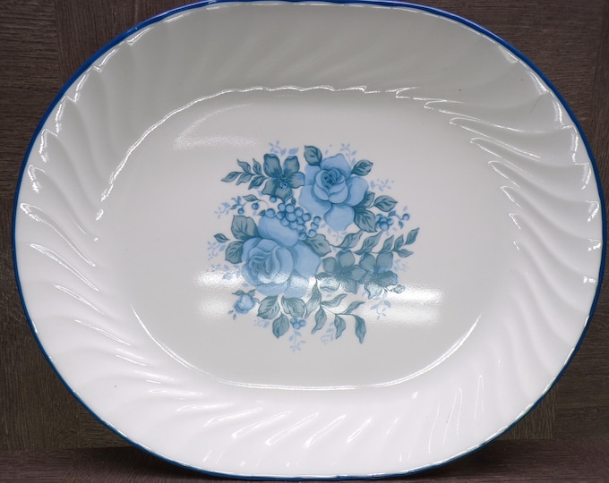 2602 Corelle Corning Blue Velvet Rose Swirl 12" Oval Platter - Great Condition