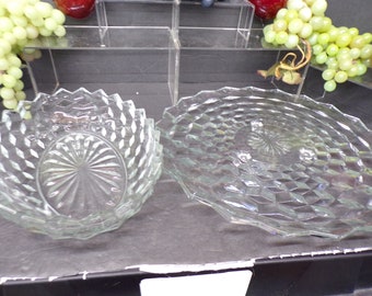 2308 Indiana Glass American Whitehall Clear Cubist Vintage Serving Pair- 12" Footed Platter & 10" x 7" Oval Bowl