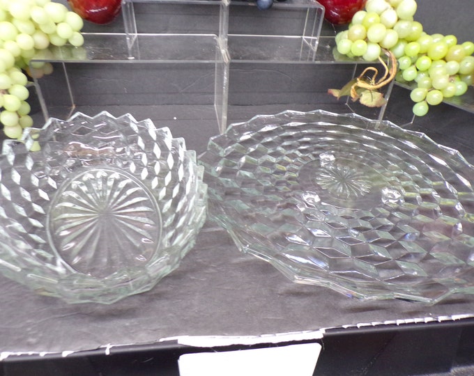 2308 Indiana Glass American Whitehall Clear Cubist Vintage Serving Pair- 12" Footed Platter & 10" x 7" Oval Bowl- Good Cond. No Chips