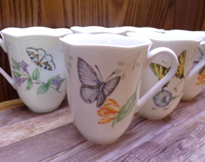 2511 Lenox Butterfly Meadow by Louise Le Luyre Ultra Fine Porcelain Mugs 4.25" 12 oz Set of 6 - Great Condition