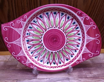 2408 Elle Norway 12" Oval Handled Platter Hand Crafted Vintage Scandinavian Pottery - Good Condition Light Wear