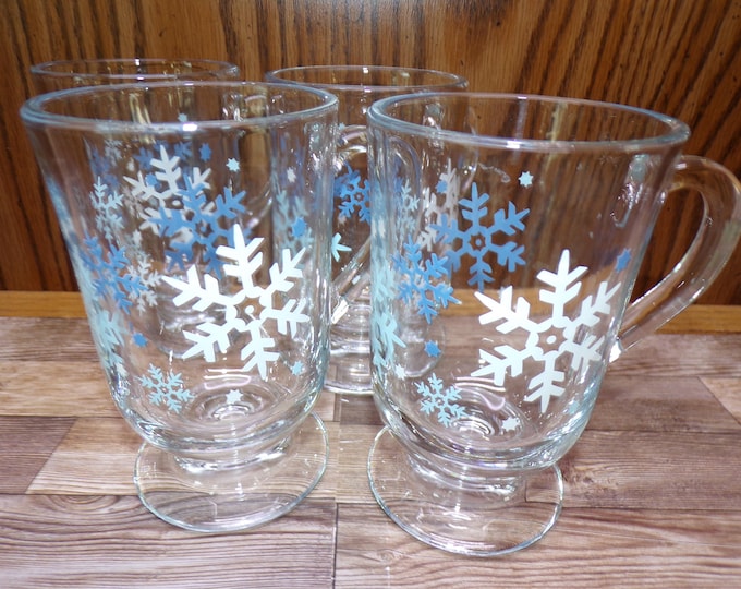 2510 Vintage Libbey Glass Blue & White Winter Snowflake 5" Footed Clear Glass Coffee Mugs Set of 4 - Great Condition