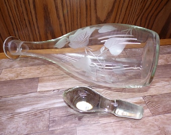 2508 Beautiful Glass Whiskey Decanter with Etched Flowers Vintage  16" Tall with Stopper
