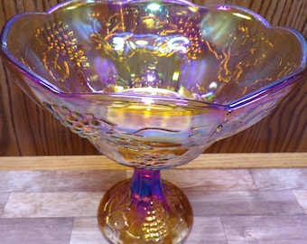 2508 Indiana Glass Iridescent Amber Carnival Glass 9" Vintage Grape & Cable Footed Compote