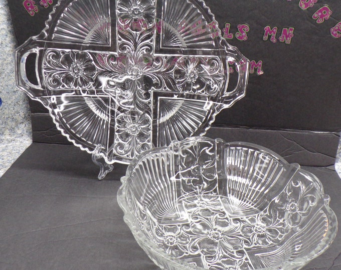 2212 Embossed Floral Bowls Vintage Set of 2 - Thick Glass 9" Bowl and 12" x 10" serving Bowl - No Chips or Cracks