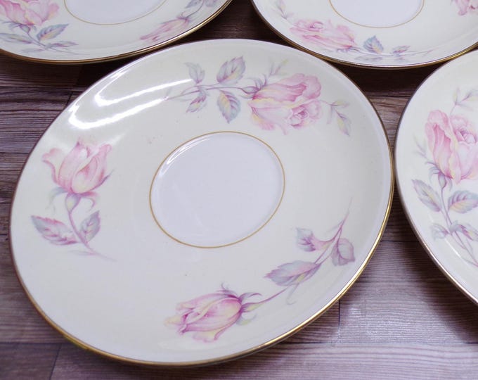 2509 Homer Laughlin Nautilus Eggshell M49N5 5.5" Saucer Bowl Set of 5 Pink Roses Gold Rim - Great Condition
