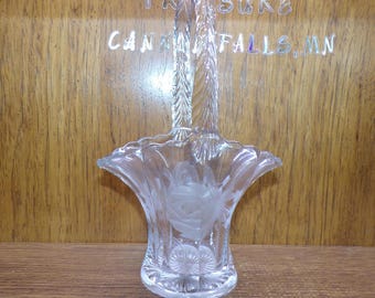 2504 Clear Glass Basket w/ Handle 6" x 3.5" x 10" Tall - Etched Flowers - Great Condition