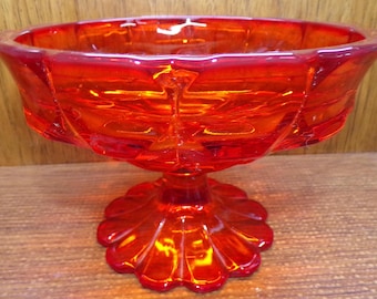 2507 Beautiful Paneled 7" Vintage Orange Glass Footed Compote Candy Dish - Pre-owned Great Condition