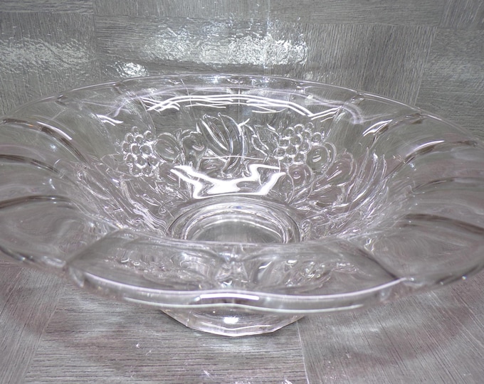 2602 Indiana Glass Fruit Garland 11.5" Vintage Footed Clear Panel Glass Embossed Oval Fruit Bowl Scalloped Edge 4" Tall - Great Condition