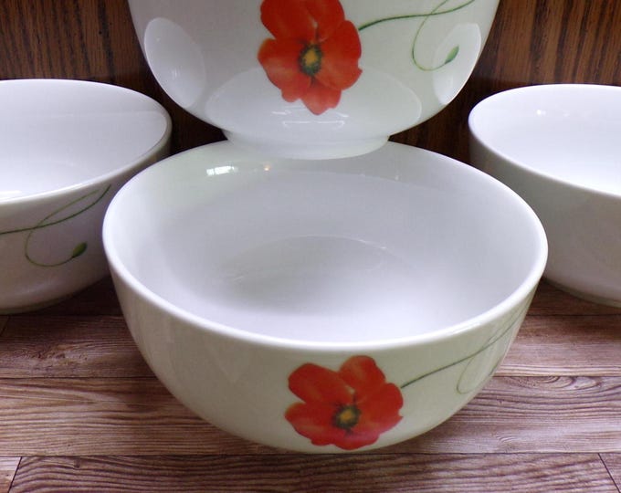 2508 Corsica Poppy 6" Porcellain Bowls 3" Deep Set of 4 Colorful Red Flower - Great Condition