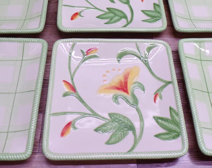 2508 Fitz and Floyd Geranium Rabbit 5" Square Appetizer Snack Plate Set of 6 - Good Condition