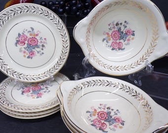 2309 Taylor Smith USA #3473 Vintage Set of 8- (4) 6.5" Bread Plates & (4) 6" Double Handle Dessert Bowls