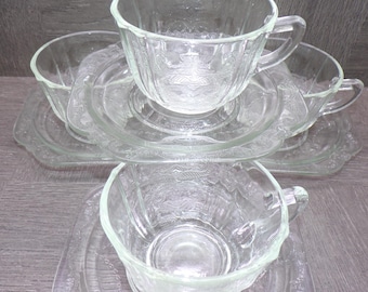 2603 Federal Glass Madrid Pattern Vintage Etched Clear Glass 8 pc Set 4 Cups & 4 Saucers - Great Condition