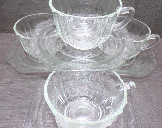 2603 Federal Glass Madrid Pattern Vintage Etched Clear Glass 8 pc Set 4 Cups & 4 Saucers - Great Condition