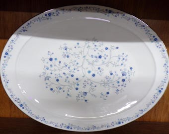 2506 Noritake Ivory China Serene Garden #7164 Vintage 16" x 12" Oval Serving Tray Platter Platinum Rim - Good Condition Light Scratches