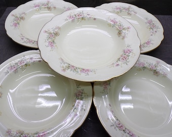2605 Homer Laughlin H48N8 Nautilus Eggshell Vintage 1940's Cream Colored 8.75" Bowls Set of 5 w/ Flowers & Gold Rim