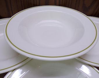 2510 Anchor Hocking Berry Patch Vintage Stoneware 8.25" Flat Rim Bowls Set of 4 Green Band Made in USA - Great Condition