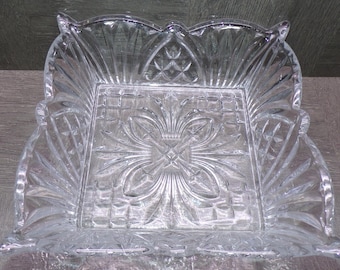 2605 Heavy Lead Crystal 9" Square Vintage Centerpiece Bowl Scalloped Rim